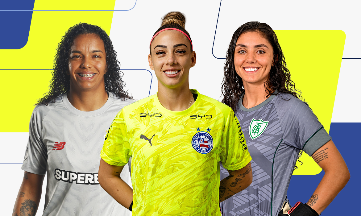 Carlinha, Yanne e Sandy aparecem lado a lado com os uniformes de São Paulo, Bahia e América-MG