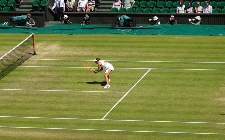Luisa Stefani joga tênis na quadra de grama de Wimbledon em julho de 2026.